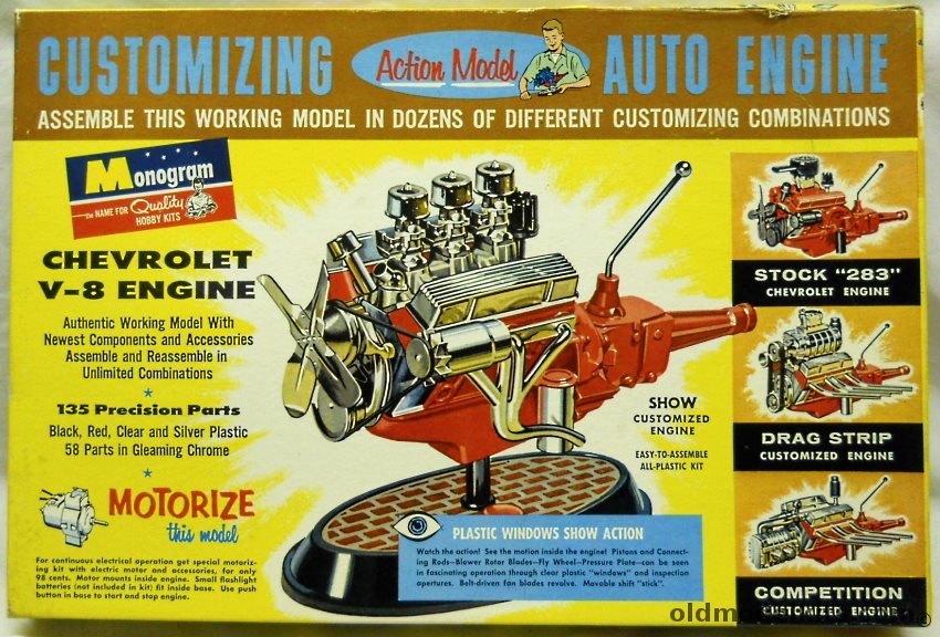 Monogram 1/8 Chevrolet V-8 283 CID Engine and Four Speed Transmission - For Motorizing  Builds 6 Different Versions, PE62-298 plastic model kit